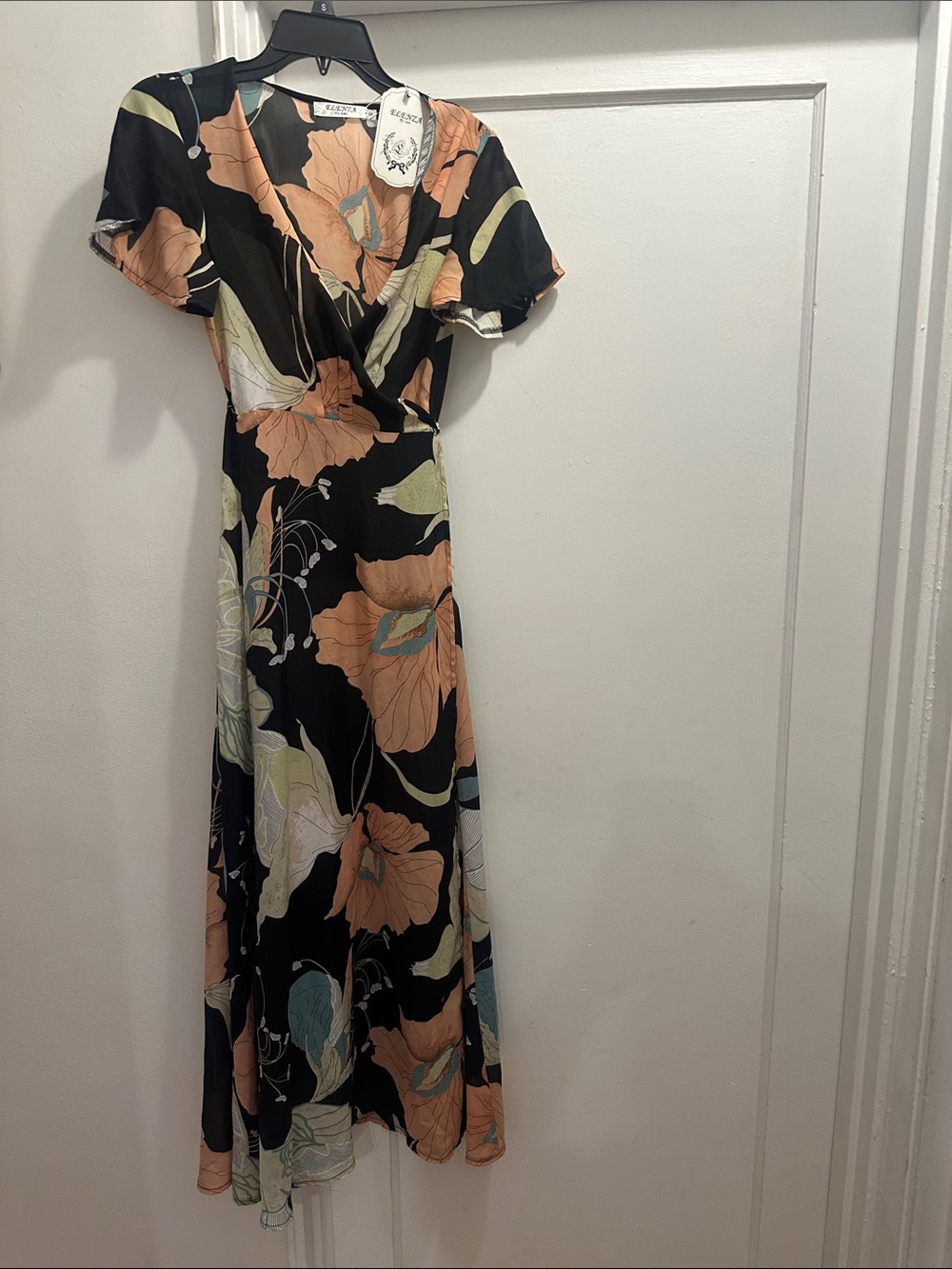ELENZA By L&L Black Maxi Dress with Pink & Mint Floral Print